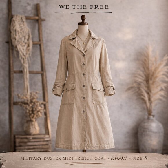 Free People Jackets & Blazers - Free People We The Free Khaki Perry Military Duster Midi Trench Coat NWOT- S